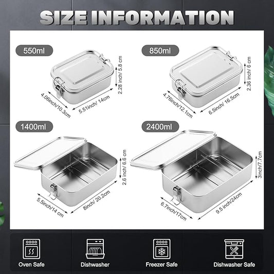 Umigy 4 Pcs Stainless Steel Food Containers 550/850/1400/2400 ml Metal Bento Lunch Box Stainless Steel Food Storage Containers, Lockable Clips to Leak Proof, Reusable Dishwasher Snack Boxes for Work