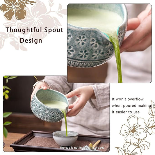 Matcha Whisk Set, Ceramic Matcha Kit Includes Matcha Bowl, Matcha Whisk and Holder, Bamboo Scoop, Scoop Rest, Sifter and Tea Towel - 7 Pcs Matcha Kit for Matcha Lovers (Blue)