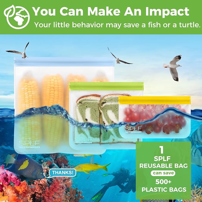 SPLF 6 Pack Reusable Gallon Freezer Bags Dishwasher Safe, Muticolor | BPA Free 1 gallon Leakproof Silicone and Plastic Free Food Storage Bags for Meal Prep, Fruits, Sandwich, Snack, Travel Items
