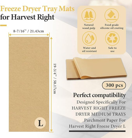 300 PCS Freeze Dryer Tray Mats for Harvest Right Dryer - Freeze Dryer Parchment Paper Set for Medium Trays - Non-Stick Baking Mats One-Off Parchment Paper Harvest Right Accessories (19.6" x 8.4")