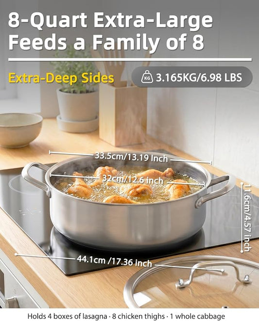 LOLYKITCH 8 QT Large Deep Frying Pan with Lid | 13 Inch | Riveted Handles | Ceramic Nonstick | Tri-Ply Stainless Steel Skillet | Saute Pan | Hybrid Cookware | Oven & Induction Ready | 8-10 Servings