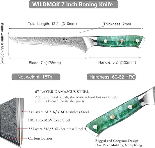 WILDMOK 7 inch Damascus Fillet Knife, Japanese Damascus Steel Boning, Carving, Deboning, Full Tang Resin Handle, Gift Box