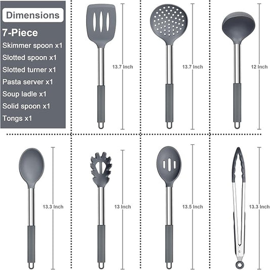 E-far Silicone Cooking Utensils Set, 7 Pcs Heat Resistant Kitchen Utensils with Stainless Steel Handle, Slotted Turner, Spoon, Soup Ladle, Pasta Server, Skimmer, Tongs for Nonstick Cookware, Gray