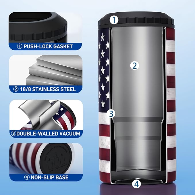 3 in 1 Slim Can Cooler for 12 OZ Skinny Can, Regular Can & Beer Bottle - Keep Cold for 6 Hours - Double Walled Insulated Stainless Steel Vacuum Beverage Insulator (US Flag)