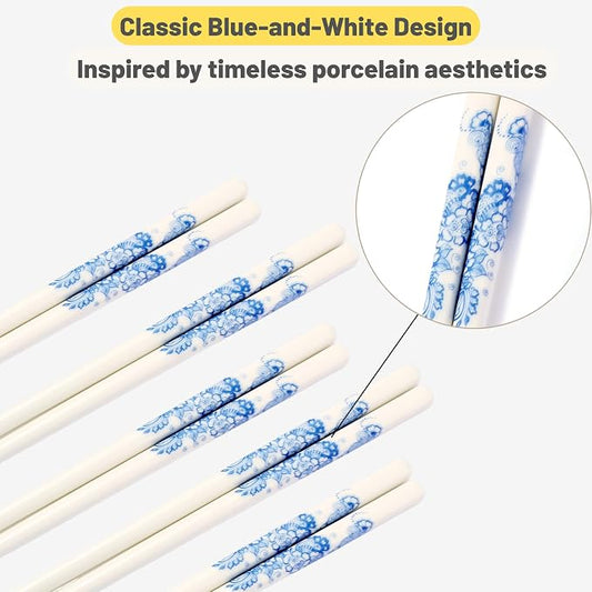 Porcelain Chopsticks Set of 5 Pairs, Reusable Bone Ceramic Chopsticks, Dishwasher Safe, Non-Slip Design, Elegant Gift Box for Family or Restaurant Use (Lantern flower)