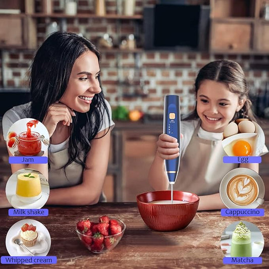 Milk Frother Handheld Foam Maker with 2 Stainless Stirring Head 3 Speed Rechargeable Electric Blender Milk Frother Wand Drink Mixer for Cappuccino Matcha Latte Hot Chocolate Protein Powder Egg (Blue)