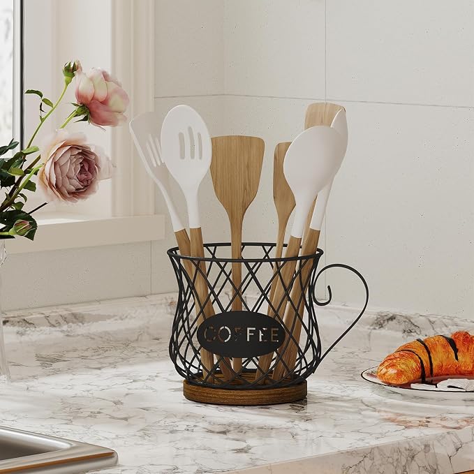 YINMIT K Cup Holder Organizer, Rustic Coffee Pod Holder Organizer, 35 Kcup Holder for Counter with Handle,Large Capacity Black Wire Coffee Capsule Basket for Kitchen Office Desktop (Circular Grid)