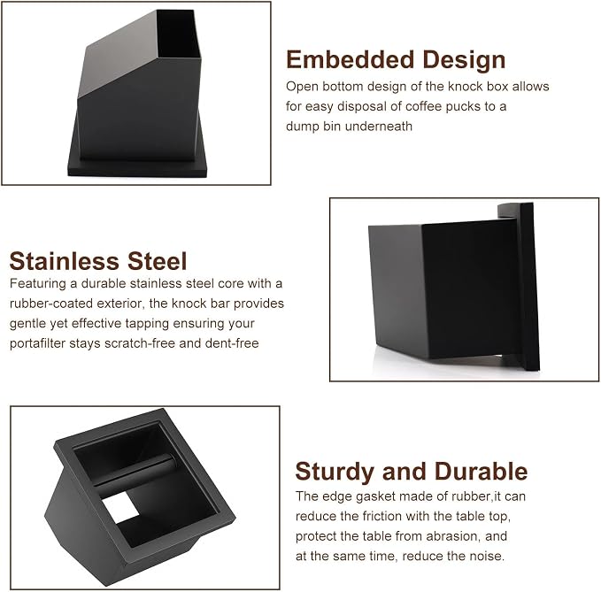 Bottomless Espresso Knock Box, Stainless Steel Coffee Grounds Container with Removable Bar & Bottomless Chute, Built-in Desktop Waste Bucket for Commercial Cafes Restaurants, Trapezoid