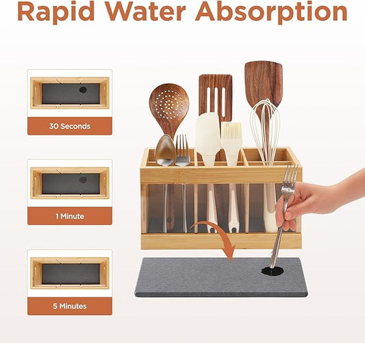 Kitchen Utensil Holder 6-Compartment Countertop Cooking Spoon Holder with Absorbing Drying Stone & Acrylic Panel Bamboo Kitchen Utensil Organizer