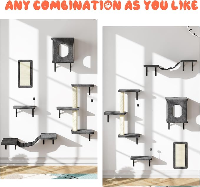 12-in-1 Cat Wall Shelves, Modern Wall-Mounted Cat Furniture, Wooden Climber Includes House, Bridge, Tree, Steps, and Scratcher, Space-Saving Cat Climbing Wall Systems, Dark Gray