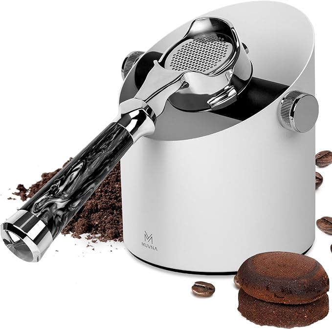 Espresso Knock Box, Coffee Grounds Container, Large 15-Puck Capacity - Removable Silent Silicone Bar & Non-Slip Base, Heavy Duty #45 Carbon Steel, Slanted Mouth Dump Bin for Barista (White)