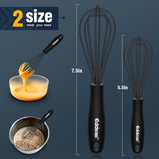 Silicone Mini Whisk, Small whisks Non-Stick Tiny Whisks set of 2(5.5in & 7.5in)-Heat Resistant (450°F) Whisks, Balloon Egg Beater Perfect for Whisking, Beating, Mixing, Blending, Black