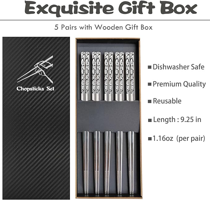 Metal Chopsticks Reusable,18/8 Stainless Steel,Tang Cao, 5 Pairs | Gift Box Set,ishwasher Safe, Square Lightweight, Non-Slip,Easy to clean