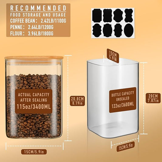 122oz Airtight Glass Square Storage Canister with Bamboo Lid Set of 1 (3600ml) Gallon Glass Jars Large Kitchen Canister for Sugar, Flour, Cookies and Coffee beans (with Black Lable)