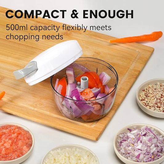 Manual Food Processor & Vegetable Chopper Grey - 2.3 Cup Mini Hand-Pull Cord Kitchen Chopper for Onion, Garlic, Vegetables with 3 Stainless Steel Blades