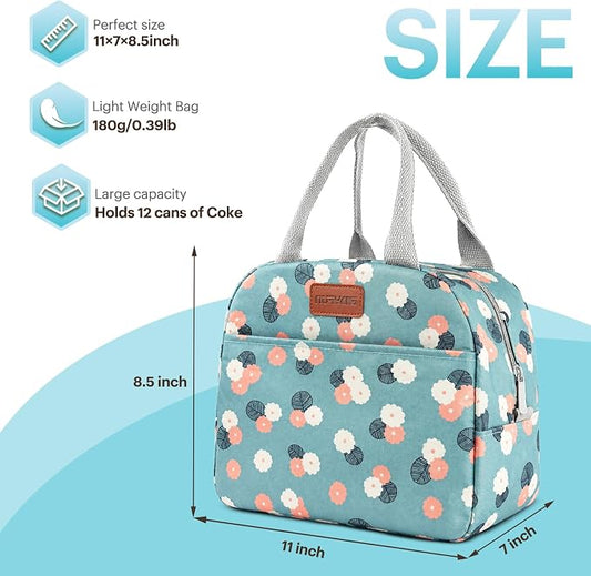 Lunch Bag for Women & Men Adult Insulated Lunch Box, Small Leakproof Cooler Food Lunch Containers Reusable High Capacity Lunch Tote Bags for Work, Travel, Outdoor - Green Flower