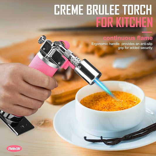 RAVS Refillable Butane Torch Lighter, Ultra Premium Gifts for Men, Kitchen Torch Lighter for Creme Brulee, Cooking Torch Gun with Adjustment Flame, Blow Torch for Cooking (Pink)