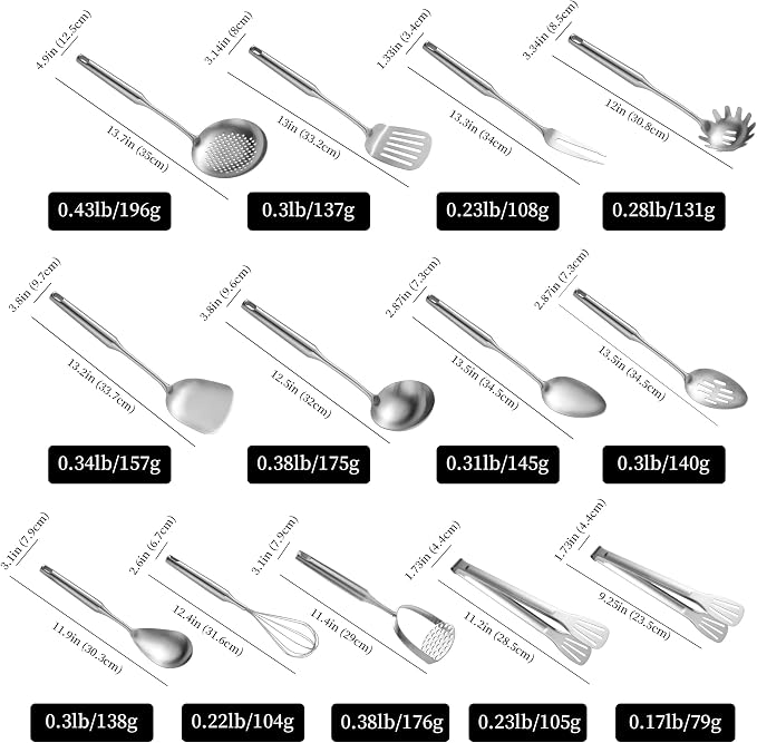 Stainless Steel Kitchen Utensils 13 PCS All Metal Set for Cooking | Food-grade 304;Dishwasher Safe;Made To Last;Meets All Needs;Great Choice for Gifts