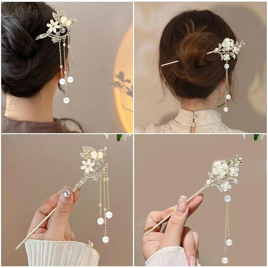 2Packs Lily of the Valley Chinese Hair Sticks for Buns, Pearl Flower Vintage Metal Hair Chopsticks for Women and Girls Dangle Tassel Pendant Hair Accessories Hanfu Handmade Decor Hairpin (beige)