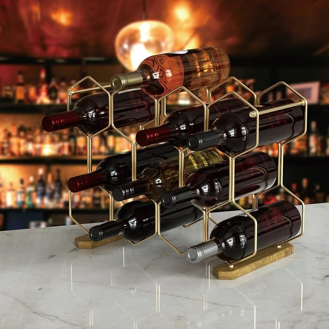 Buruis Countertop Wine Rack with Acacia Base, 14-Bottle Modern Freestanding Metal Holder for Red and White Wine, Tabletop, Kitchen, Bar, and Cabinet Storage (Gold)