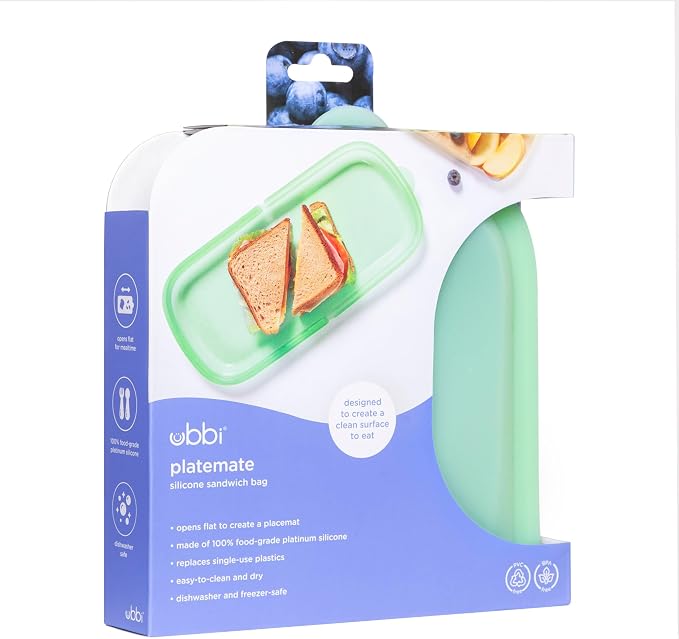Ubbi Platemate Reusable Silicone Storage Bag, Sugar Snap Green | Opens Flat as Placemat, Dishwasher & Freezer-Safe, Lunch Container, Leakproof Sandwich & Snack Bag, Easy to Clean, BPA-Free