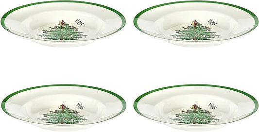 Spode Christmas Tree 9" Soup Plate (Set of 4) – Stoneware Bowls with Festive Tree Design & Green Rim, Ideal for Serving Soup, Pasta, Salad – Microwave & Dishwasher Safe Holiday Dinnerware