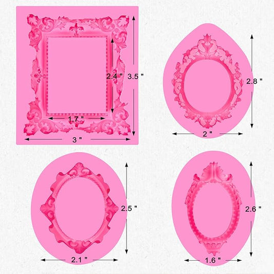 JOERSH 4PCS Baroque Frame Mold, Picture Photo Frames and Mirrors Silicone Fondant Mold for Cake Decorating, Cupcake Topper, Chocolate, Candy, Sugarcraft, Dessert Decor