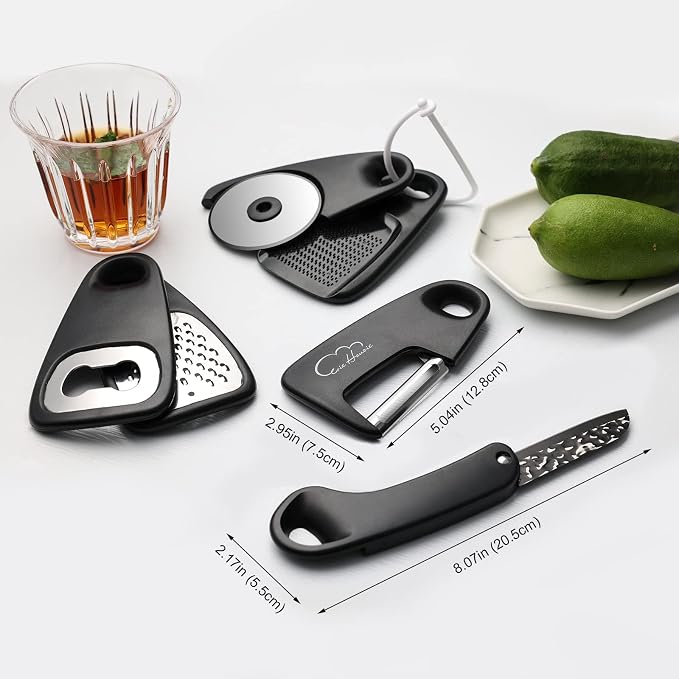 Kitchen Gadgets Set 6 Piece, Space Saving, Portable, Black | Stackable Gadgets Utensils, Grater, Bottle Opener, Pizza Cutter, Peeler, Paring Knife, Garlic Grinder, Storage Bag