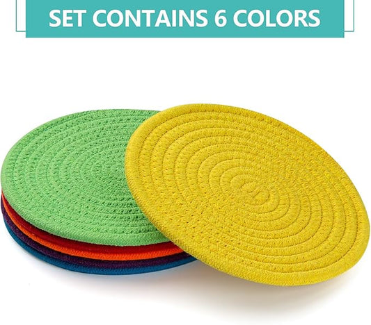 Trivets for Hot Dishes, Pots and Pans, 8 Inches Hot Pads 6 Pcs, Pot Holders for Kitchen, Heat Resistant Mat Protect Counter, Coasters Set Home Essentials Farmhouse Decor (Rainbow)