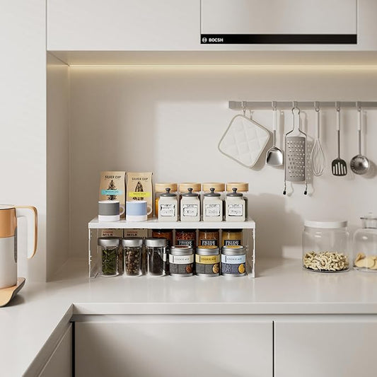 Stackable Expandable Metal Shelf Organizer - Adjustable Wire Storage Rack with Holes for Kitchen, Bathroom, Cabinet, Office - Space Saving, Durable & Sturdy Design(2PACKS/Medium/White