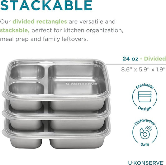 U Konserve Stainless Steel Rectangle Divided 3 Section Food Storage Bento Box Container, Leak Proof Silicone Lid Dishwasher Safe - Plastic Free, (24oz Cosmic Blue)