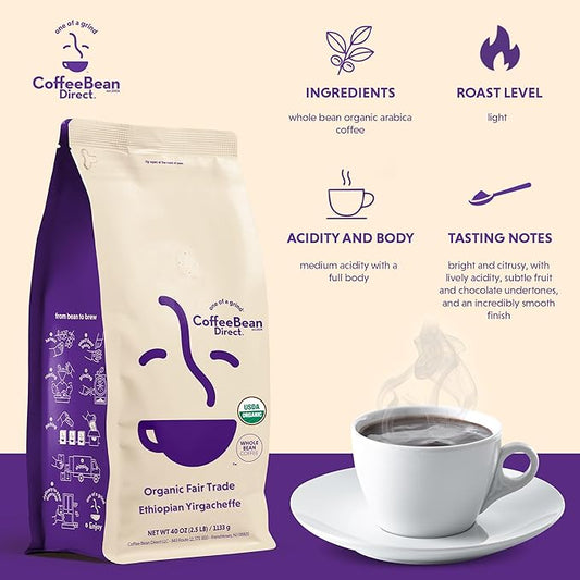 Coffee Bean Direct Organic Fair Trade Dark Ethiopian Yirgacheffe, Whole Bean Coffee, Dark Roast, 2.5 Pound Bag (Pack of 1)