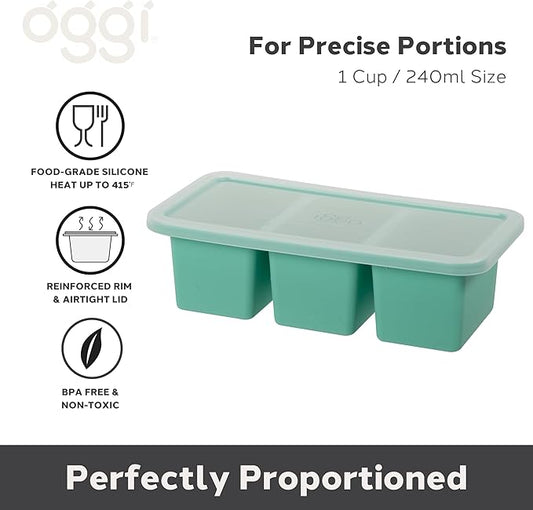 OGGI Prep & Portion Silicone Freezer Trays with Lid - Freezer Molds for Food, Ice Cube Tray, Food Prep Containers, Freezer Storage Containers, for Soup, Smoothie Cubes, Sauce, Broth, Leftovers - 1 Cup