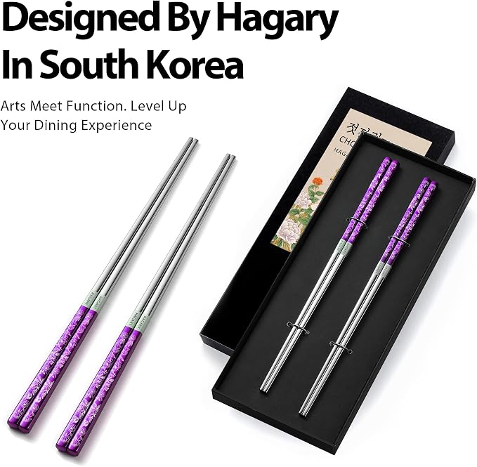 Peony and Butterfly Chopsticks Metal Chopsticks Reusable Designed in Korea Japanese Style Stainless Steel 316 18/10 Non-Slip Dishwasher Safe Laser Etched 2 Pairs Purple