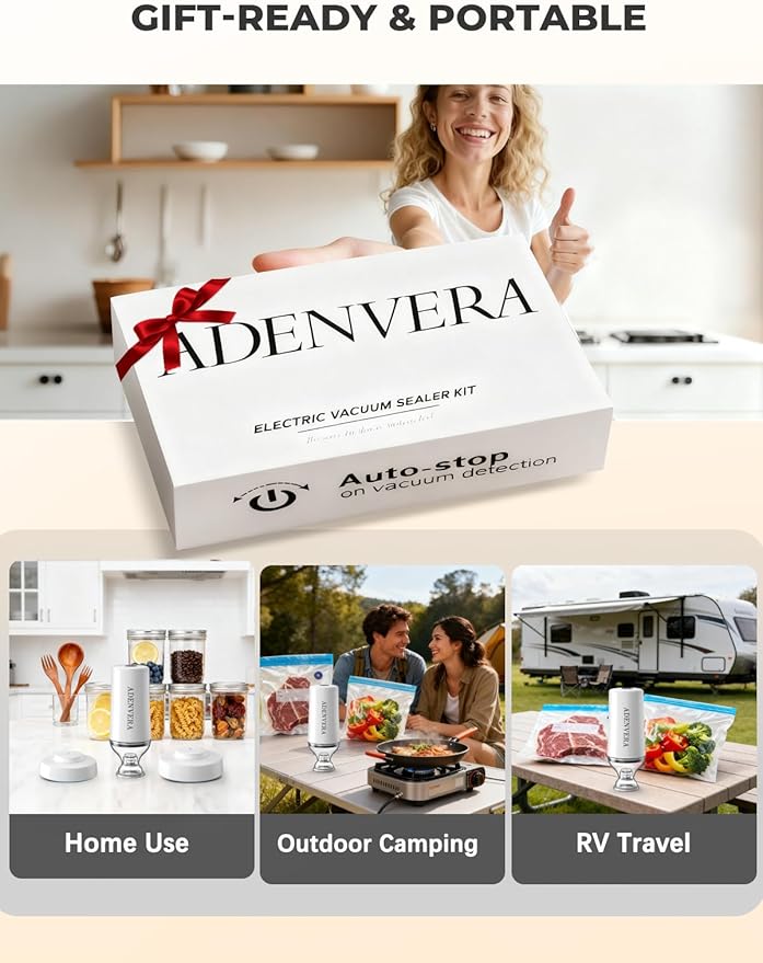 Handheld Vacuum Sealer for Food — Electric Vacuum Sealer Machine & Mason Jar Vacuum Sealer Kit with 10 Reusable Bags & 10 Mason Jar Lids, Portable & Rechargeable, Smart Auto-Stop, White