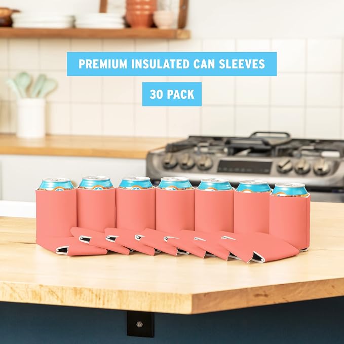 Blank Beer Can Coolers Sleeves (30-Pack) Soft Insulated Beer Can Coolies - HTV Friendly Plain Koolies in Bulk for Beer Cans & Bottles - Coolie Blanks for Vinyl Projects & Wedding Favors (Coral)