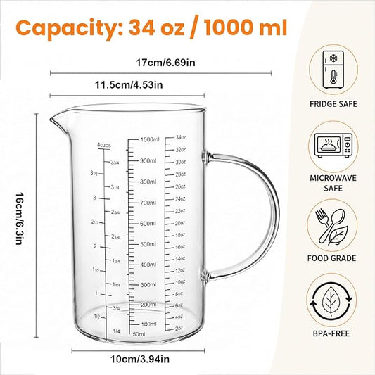 Graduated Glass Measuring Cup With Handle 1000ML (32Oz, 4Cups) | High Borosilicate Liquid Measuring Cup for Baking Cooking Kitchen V-Shaped Spout Glass Measuring Beaker Easy To Read
