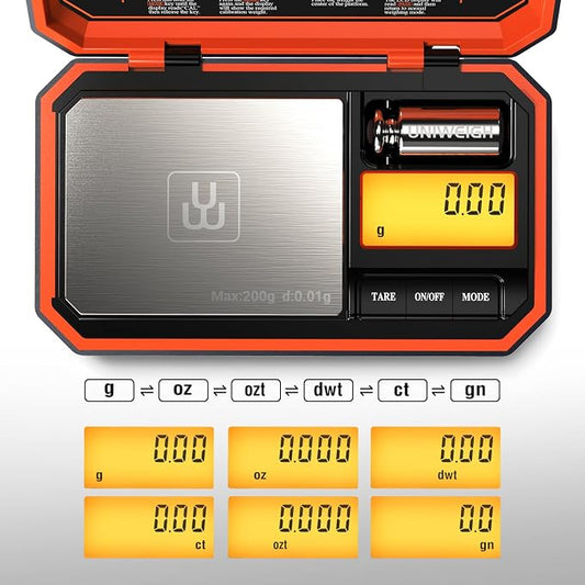 UNIWEIGH Digital Pocket Scale 200g/0.01g Precision Digital Scale Grams | 6 Units Jewelry Scales,Coins Scale with LCD Display,Tare Function for Food,Powder,small items(Battery Included)-Orange