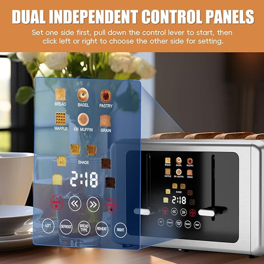 4 Slice Toaster, Touchscreen & Dual Independent Control Panel,Digital Countdown Toasters, 6 Shade Settings&6 Bread Types, Smart Mute/Screen-Off,Silver