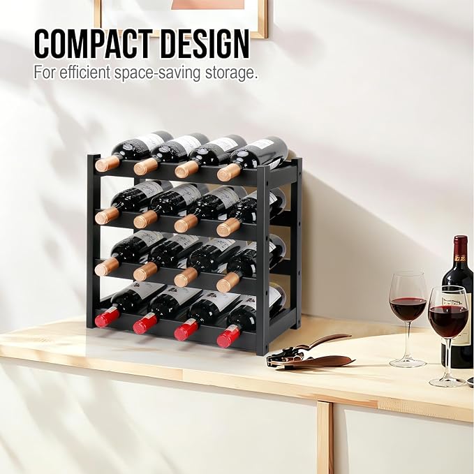 Bamboo Wine Rack, 4-Tier 16 Bottles Wine Storage Cabinet Shelf, Easy-Assembly Freestanding Bamboo Wine Racks Countertop for Kitchen Pantry Dining Room Bar, Black