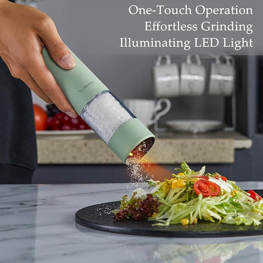 Electric Salt and Pepper Grinder Set, USB Rechargeable, Automatic Salt and Pepper Mill Grinder with Adjustable Coarseness, Electric Salt Shakers, LED Light, Refillable (2 Packs, Buttercream)