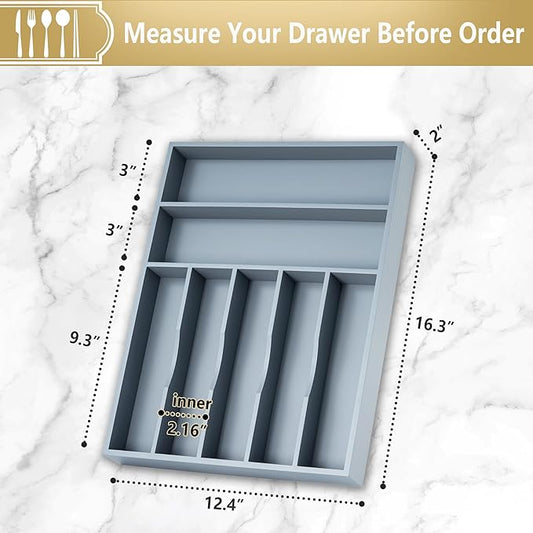 Silverware Organizer, 12.5 Inch Utensil Organizer Kitchen Drawer Organizer Bamboo Silverware Holder Cutlery Tray Organizer in Drawer Flatware Organizer Tray(7 slots, Gray)