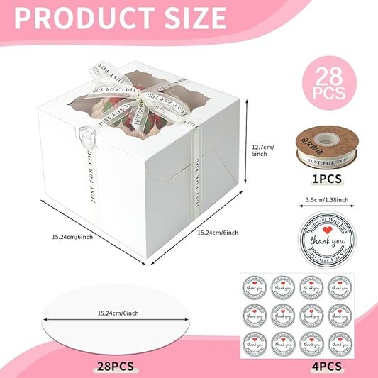 6x6x5 Cake Box, 28 Sets White Cake Box with Window & 28Sets 6" Cake Round Boards, 6inch Cake Containers. (White, 665inch/28pcs)