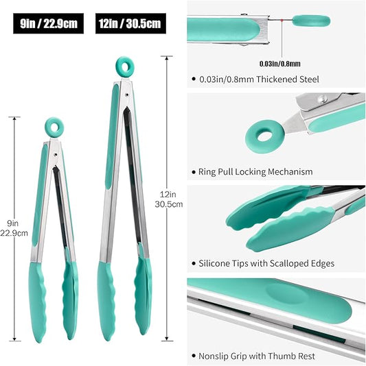Doosu Kitchen Tongs for Cooking - 600°F Heat Resistant Food Tong Set with Non-Scratch Silicone Tips, Heavy Duty Stainless Steel Locking Tong for BBQ, Grilling Steak, Serving Salad (9+12in, Aqua Sky)