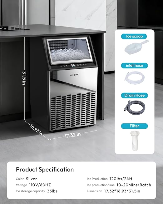 EUHOMY Under Counter Ice Maker with Drain Pump, 120 lbs/24H Commercial Ice Machine, Stainless Steel Ice Maker with 33 lbs Storage Bin, Freestanding Ice Maker for Home/Bar/Cafe/Restaurant