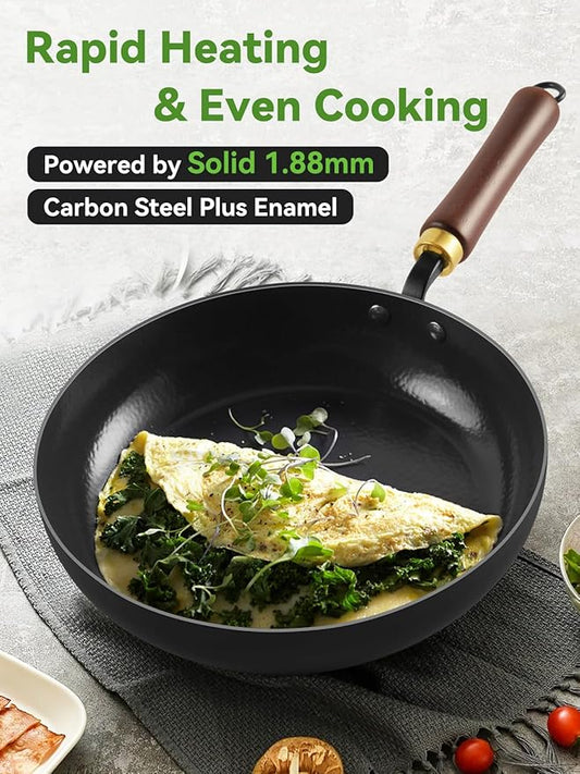 Carbon Steel Skillet, 11-Inch Nonstick Frying Pan, Stay-Cool Wooden Handle, Non Toxic, PTFE & PFOA Free Oven-Safe, Season-Free Enameled Carbon Steel Pan