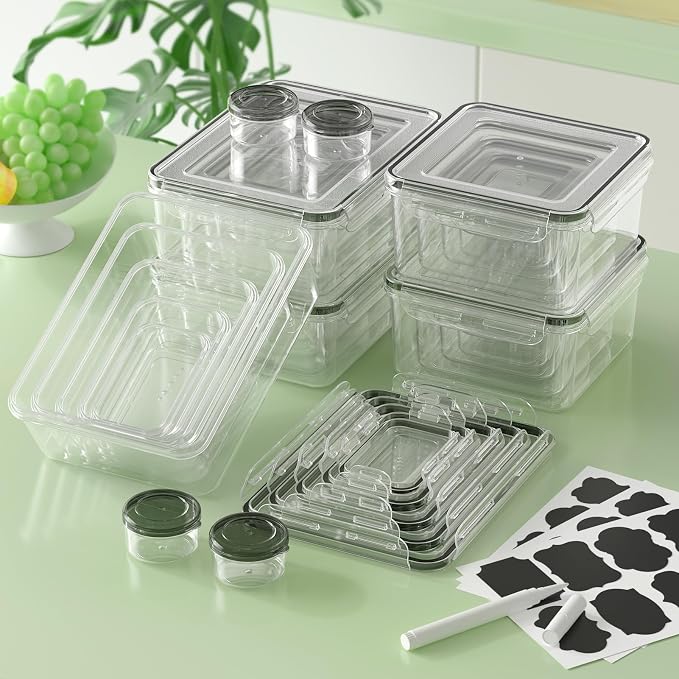 KEMETHY 44-Piece Food Storage Containers with Lids(22 Containers & 22 Lids), Plastic Food Containers for Pantry & Kitchen Storage and Organization, BPA-Free, Leak Proof, Reusable with Labels & Pen