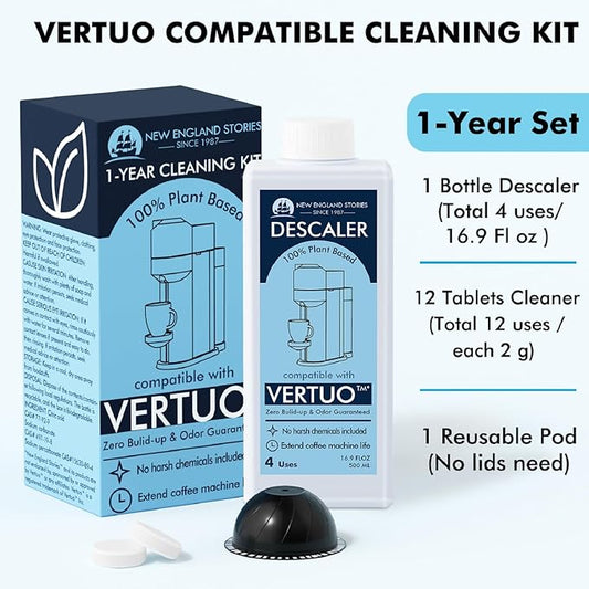 (12 Months Supply) Descaling Kit Compatible with Nespresso Vertuo, Odorless Coffee Brewer Machine Descaler Set, Liquid Descaling Solution for Nespresso, Includes Reusable Pod and 12 Cleaning Tablets