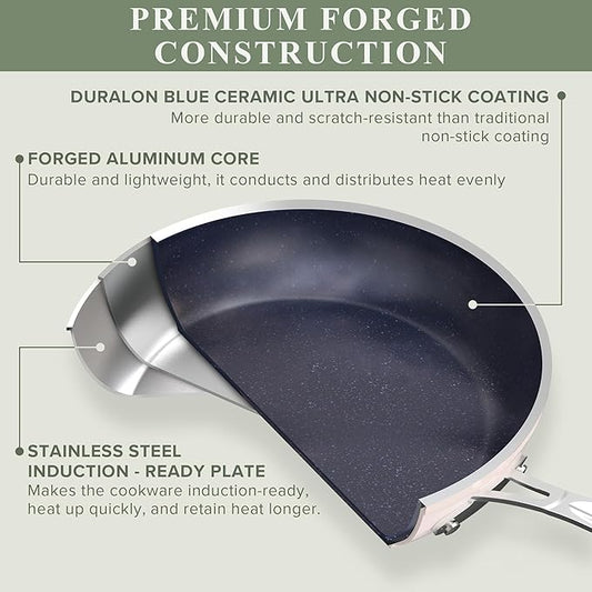Nuwave Healthy Duralon Blue Ceramic Nonstick Cookware Set, Diamond Infused Scratch-Resistant, PFAS Free, Dishwasher & Oven Safe, Induction Ready & Evenly Heats, Tempered Glass Lids & Stay-Cool Handles