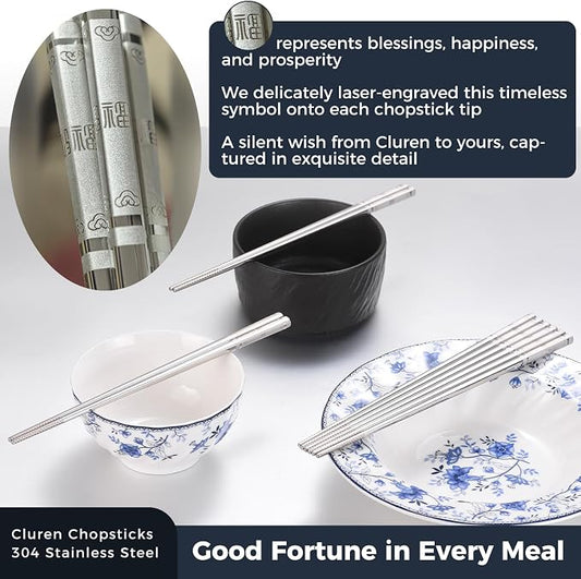 Premium 304 Stainless Steel Chopsticks Set (10 pair) - Reusable Metal Chopsticks with Laser Etching, Elegant Gift Box, Dishwasher Safe